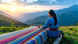 © YSMR2000 - Woman Weaving Giant Traditional Carpet on Mountain Landscape Background