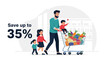 © Ali - Happy father with three children pushes a shopping cart full of fresh vegetables and groceries in a supermarket with a discount offer.