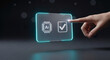 © SYATRI RAWU - Futuristic interface for artificial intelligence validation; a hand confirms AI system integrity and smart technology approval on a glowing screen