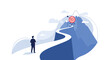 © Shiuli - Ambitious businessman looking at a winding path leading to a target on a high mountain peak representing long term career goals and challenges.