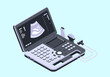 © Skyframe - An isometric vector illustration depicts a portable, laptop-styled ultrasound machine with dual probes, a comprehensive control panel, and a screen showing a fetal sonogram on a light blue background