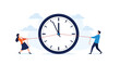 © Jehad - Man and woman engaged in a tug of war with ropes tied to the hands of a large white office wall clock.