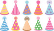© Majnur - Party hats set, colorful celebration collection with birthday caps patterns and festive decorative elements