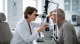 Ophthalmologist examining an elderly patient's eye with a slit lamp microscope