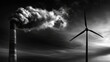© Nattapol - Dramatic contrast of heavy pollution from an industry smokestack beside clean environment energy from wind turbine under dark sky