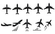 © Jpeg shop opened - A collection of black silhouettes depicting various airplanes in different flight positions and movements on a white background