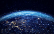 © revers_jr - Digital connections around the world. Planet Earth at night with glowing network lines representing global communication, data transfer, and worldwide internet connectivity in space. Europe at night.