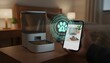 © SUPAPORN - Smart pet feeder connected to a smartphone showing a secure link icon in a modern home setting.