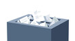 © Popu - A sturdy dark blue ballot box overflows with numerous white paper votes including a prominent sheet featuring distinct green checkmarks within a clean and bright environment.
