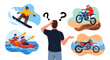 © Art - Man choosing adventure sports, icons of snowboarding, kayaking, and dirt biking