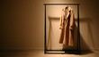 © Zulham - Elegant trench coat hangs on a minimalist rack, bathed in warm, dramatic light