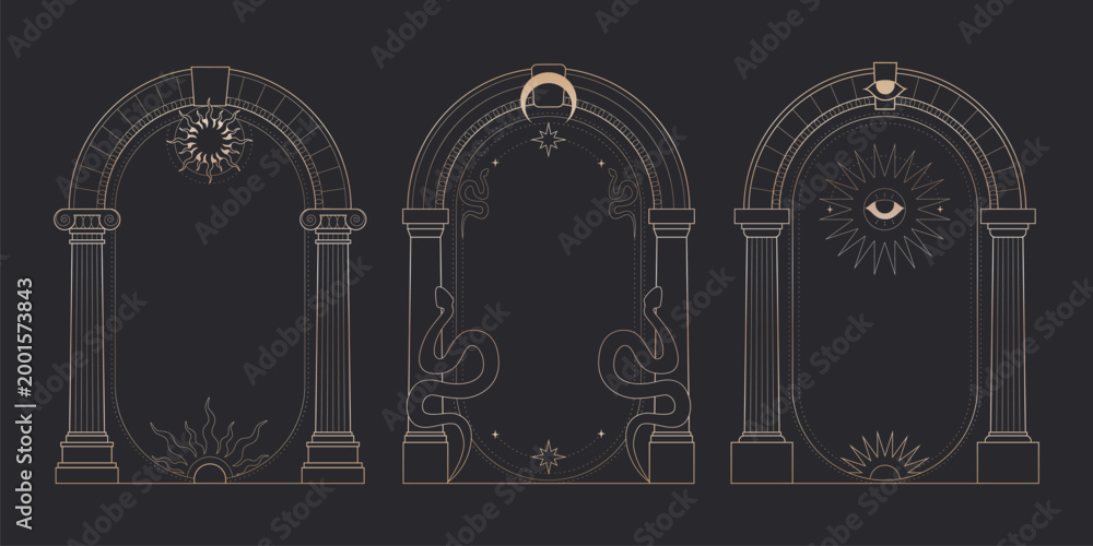 Celestial arch frames set with mystic moon, sun and stars on black ...