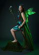 © faestock - Full length portrait of female model wearing fantasy fairy costume, green dress, cloak, butterfly wings and crown. Full length walking pose holding druid staff.  isolated on dark studio background.