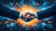 © MdSaifullaharman - Business handshake with glowing light burst representing partnership, technology, and future success