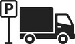 © MRSTOCK LAB - Dark gray silhouette icon of parking sign and delivery truck for transportation and logistics service design.