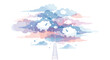 © Nure - Several fluffy cartoon sheep drift peacefully among soft pastel clouds while a wooden ladder extends upward into the dreamy ether of this gentle blue sky scene.