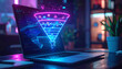 © SolaruS - Vibrant neon sales funnel hologram emerging from a laptop screen. Illustrates digital conversion, lead generation, and data analytics. Ideal for modern marketing and business growth themes.