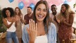 © Iuliia - Woman showing engagement ring to friend at surprise party. Happy girl displaying diamond ring after proposal. Group of friend celebrating with balloon. Celebration of love and marriage.