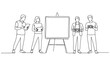 © Stock Art - Team standing around whiteboard holding cameras and tablets.