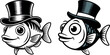 © FrajanaAI - Two cartoon fish wearing top hats appearing formal or distinguished sea life black and white character design distinguished illustration