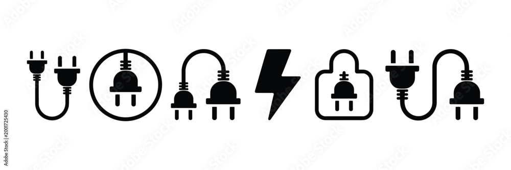 Electric Power Plug Icon Set with Electricity Wire Cord Symbols ...