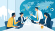 © bizvector - Discussing global strategy. The team sits at a table that continues into the shape of rising lines pointing at a world map. Business vector illustration.
