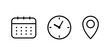 © Hunter Leader - Date, time, location address icon set. Clock, calendar and location icon. Useful date and address details for navigation symbol. Vector illustration