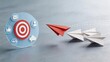 © Madison - Business paper airplane concept red leader plane leading white flock digital marketing strategy icon target focus symbol social media growth icons on blue disc startup success