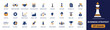 © Sadam - Business strategy icon set. Containing bar graph, binoculars, calculator, chess king, growth chart, justice scales, rocket ship, trophy cup, watchful eye and more. Solid fill vector icons.