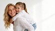 © William - Happy beautiful mother smiling woman holding young daughter on back joyful family moment love and happiness pure white background with soft lighting