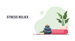 © Rangga - An aesthetic banner for stress relief featuring a rolled pink yoga mat, balanced basalt stones, and a lush green plant on a soft background.