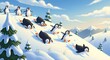 © Ethan - A lively group of adorable cartoon penguins joyfully sliding down a snow-covered winter slope, engaging in a fun-filled snowy adventure amidst scenic icy mountains and fluffy clouds