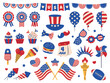 © YummyBuum - Cartoon usa independence day elements. Doodle style american july holiday items, colors of national flag, stars and stripes national pattern. Festive celebration fireworks, classy vector set