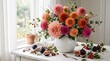 © horizon - Magnificent floral arrangements of blooming dahlias beautifully resting in white ceramic vases on wooden tables scattered with red berries.