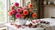 © horizon - Magnificent floral arrangements of blooming dahlias beautifully resting in white ceramic vases on wooden tables scattered with red berries.