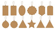 © Lyman Merrick - Collection of various brown cardboard gift tags and price labels in different geometric shapes with hanging strings.