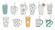 © Lyman Merrick - Assortment of reusable drink cups and mugs with straws featuring playful patterns like polka dots and cheerful smiles.