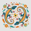 © Rémi Ranguin  - Deux geckos stylisés en motif circulaire – Illustration décorative colorée