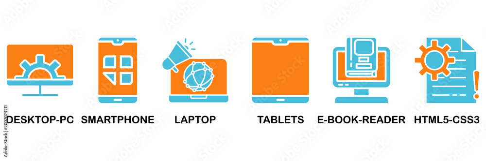 Responsive web design icon set Aqua Orange Flat concept for desktop-pc ...