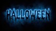 © tonstock - Glowing blue neon Halloween text with dripping effect on a dark smoky background.
