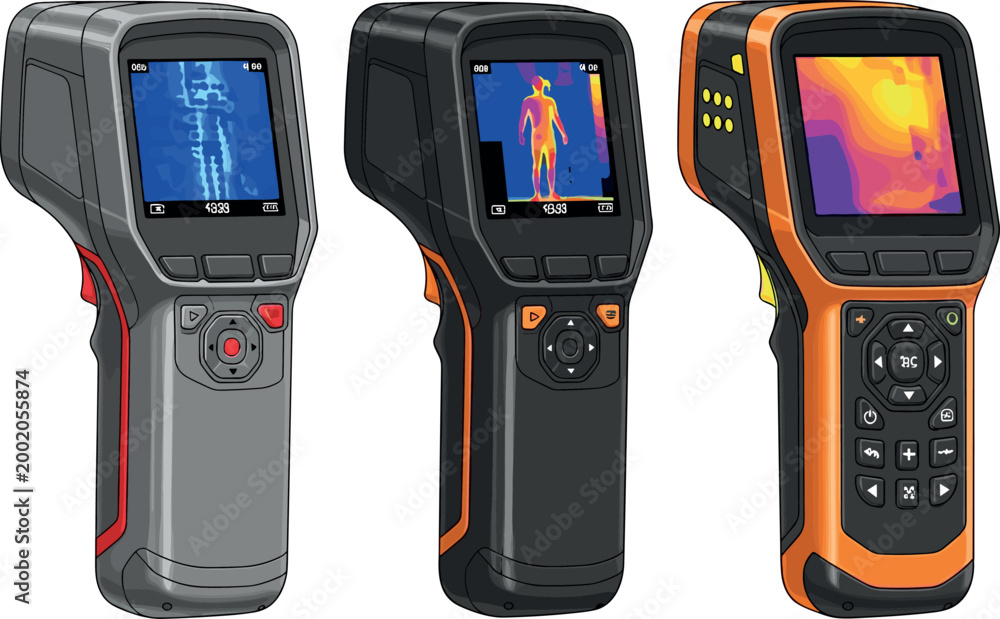 Thermal imaging cameras set with handheld infrared scanners showing ...