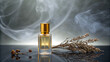 © rafe - elegant perfume bottle with gold cap on dark textured background with smoke