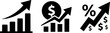 © SarfarazAhmed - A set of three black and white icons depicting growing bar graphs with arrows, dollar sign, and percentage symbol, representing business growth, finance, and statistics.