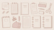 © Tanzeel - Collection of hand-drawn stationery and office supplies doodle vector illustrations for journaling and planning isolated on beige background