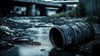 © AddStylerz - Leaking industrial waste barrels in a polluted urban canal, highlighting environmental damage and hazardous conditions.