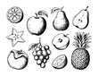 © Vector_Mint - Hand-drawn collection of assorted fruits white background, apple pear pineapple grapes