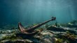 © decorator - Ancient anchor rests serenely on seabed bathed in soft underwater sunlight beams evoking timeless mystery
