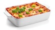 © Noro - Freshly Baked Homemade Lasagna in White Ceramic Casserole Dish Garnished with Basil Leaves
