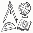 © come - Hand drawn education supplies illustration with drafting compass terrestrial globe protractor and open textbook for learning