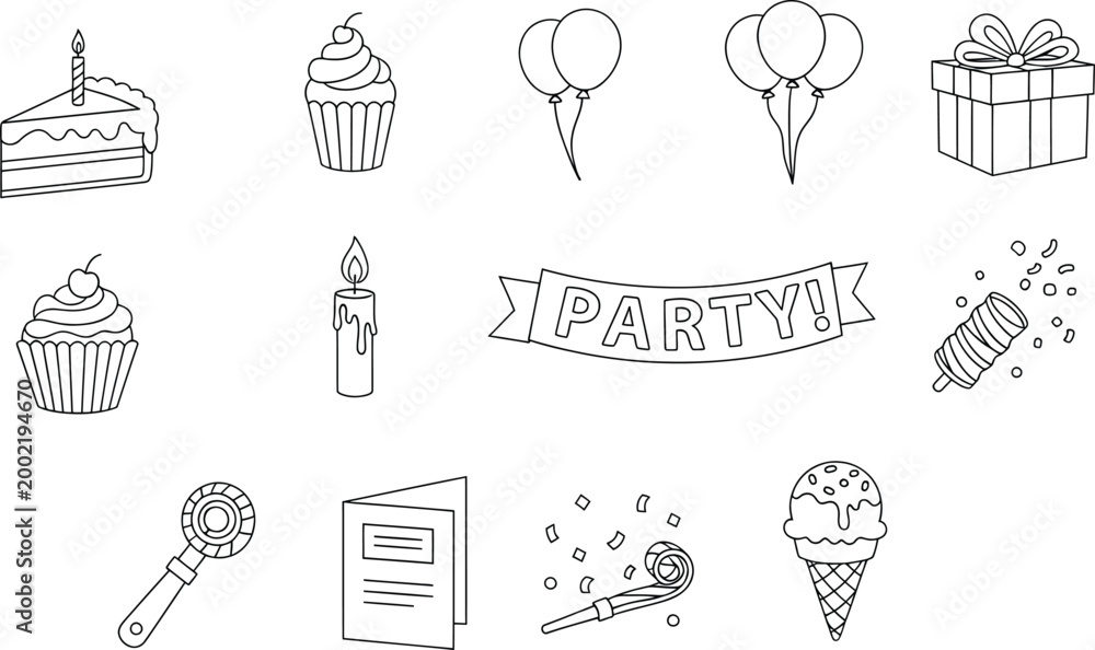 Set of black and white hand-drawn birthday celebration icons featuring ...